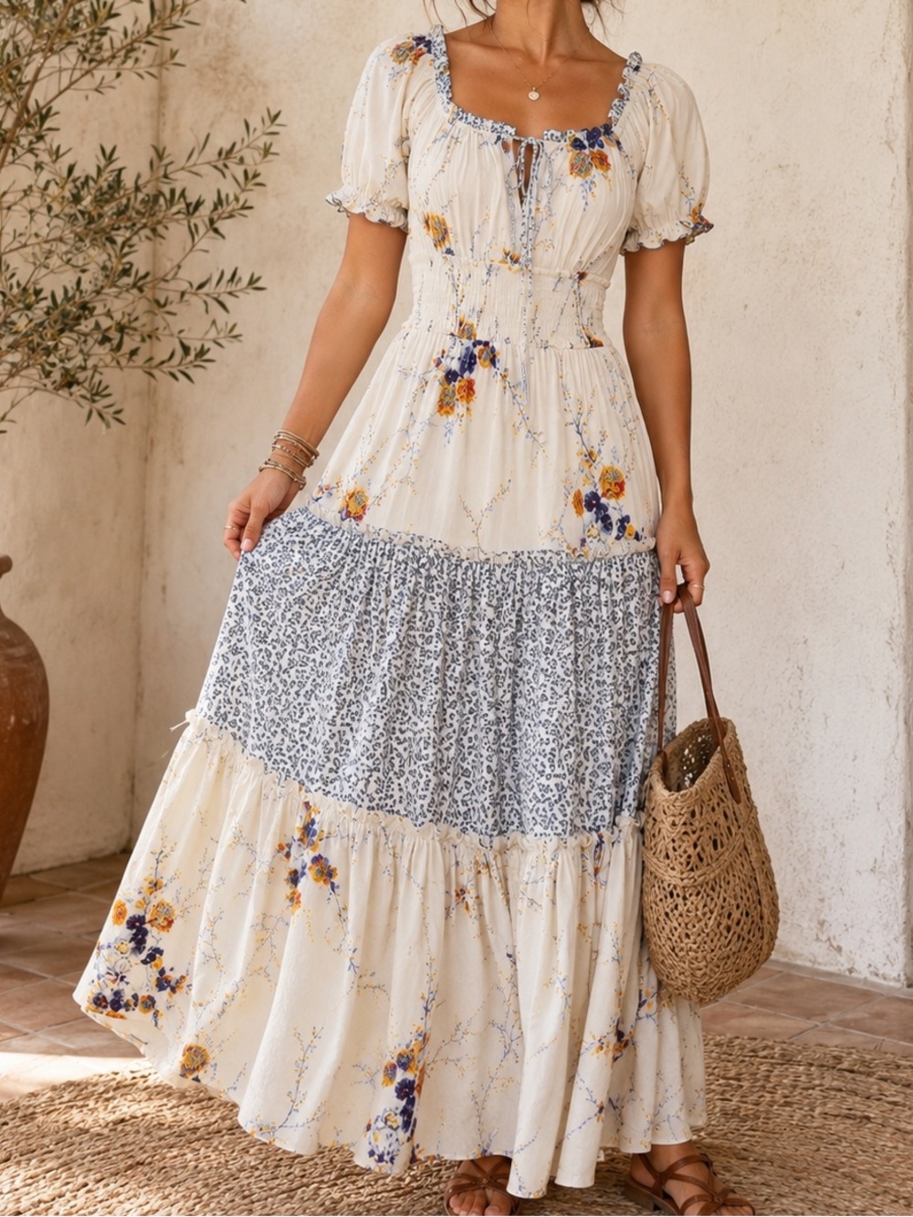 Floral Tiered Maxi Dress - Cream/Blue